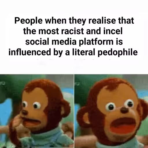 People when they realise that the most racist and incel social media platform is influenced by a literal pedophile