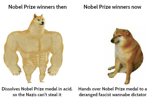 Swole Doge vs. cheems Meme: Nobel Prize winners then vs. now - dissolved medal in acid so Nazis don't get it vs. hands over medal to a deranged fascist