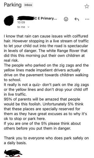 A screenshot of an email from a primary school head teacher calling out terrible car driving outside the school.