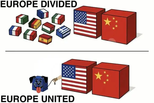 Panel one shows disunited country blocks of the EU members and big country blocks for the USA and PRC. Its caption read: Europe devided. Panel two shows the EU as a block but witg dog featurea and on the leash of the USA. The captions reads: Europe united.