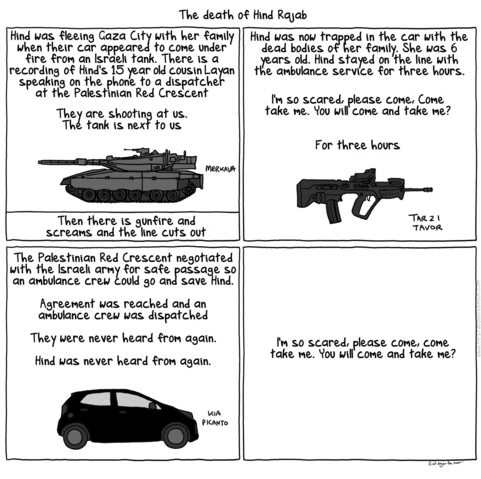 The death of Hind Rajab 
[Panel 1]
Hind was fleeing Gaza City with her family when their car appeared to come under fire from an Israeli tank. There is a recording of Hind's 15 year old cousin Lalan speaking on the phone to a dispatcher at the Palestinian Red Crescent
They are shooting at us.
The tank is next to us

Then there is gunfire and screams and the line cuts out

[Panel 2]
Hind was now trapped in the car with the dead bodies of her family. She was 6 years old. Hind stayed on the line with the ambulance service for three hours. 

I'm so scared, please come, Come  take me. You will come and take me?

For three hours


[Panel 3]
The Palestinian Red Crescent negotiated with the Israel army for safe passage so an ambulance crew could go an save Hind. 
Agreement was reached and an ambulance crew was dispatched 

They were never heard £rom again.

Hind was never heard from again.


[Panel 4]
I'm so scared, please come, come  take me. You will come and take me?