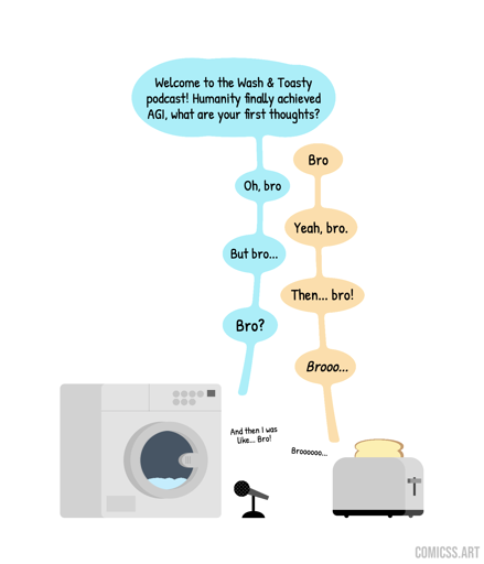 cartoon with a washing machine in front of a toaster. They both have a microphone, and the washing machine says 'Welcome to the Wash and Dry podcast, I am your host Landry and today we have a guest that is what's hot right now'. Then the toaster and the washing machine start saying 'Bro' alternatively to each other for a while.