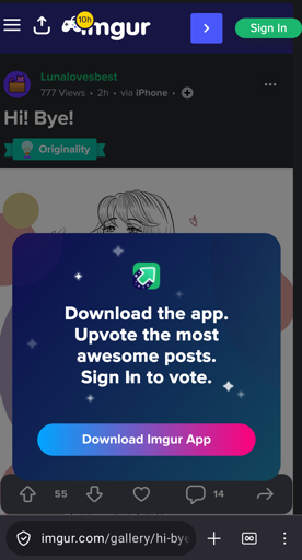 screenshot of the imgur front page with a pop up demanding app-obeisance. there is no button to close the pop-up.