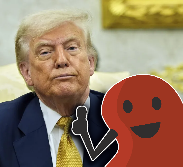 A photo of President Trump sitting in the Oval Office with a beanis in the foreground